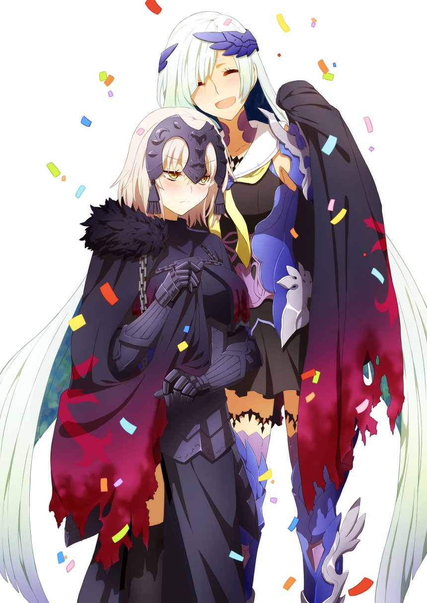 2girls, black_cape, black_dress, black_legwear, blonde_hair, blue_hair, blush, brynhildr_(fate)