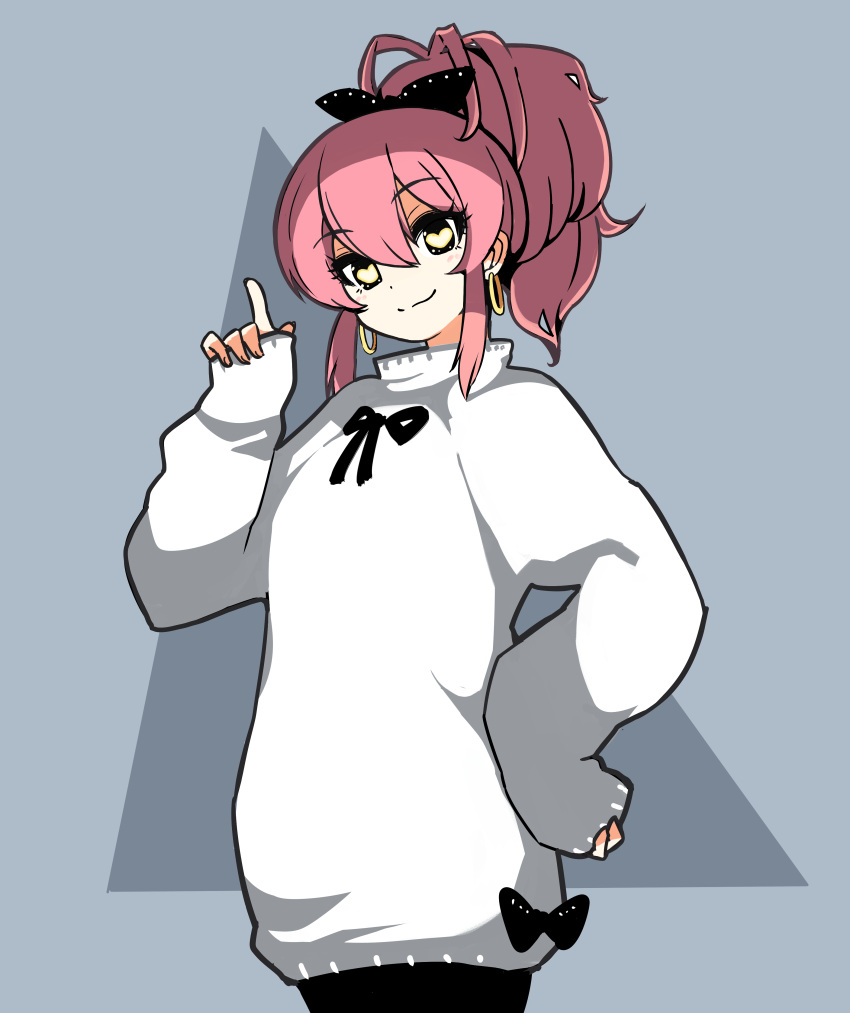 1girl, absurdres, arm_up, bow, commentary_request, cowboy_shot, dress, earrings, eyelashes, hair_bow, heart, heart-shaped_pupils, highres, hoop_earrings, idolmaster, idolmaster_cinderella_girls, index_finger_raised, jewelry, jougasaki_mika, kurumitsu, long_hair, pink_hair, ponytail, ribbon, simple_background, sleeves_past_wrists, smile, solo, sweater, sweater_dress, symbol-shaped_pupils, white_sweater, yellow_eyes