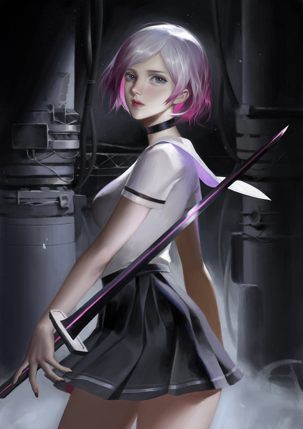 1girl, black_choker, black_nails, black_skirt, blouse, breasts, choker, closed_mouth, commentary_request, cowboy_shot, fingernails, from_side, ginxiee, gradient_hair, grey_eyes, highres, holding, holding_sword, holding_weapon, lips, looking_at_viewer, medium_breasts, multicolored_hair, nail_polish, nose, original, parted_lips, pink_hair, pleated_skirt, red_lips, sailor_collar, shiny, shiny_hair, short_sleeves, skirt, solo, standing, sword, weapon, white_blouse, white_hair, white_sailor_collar