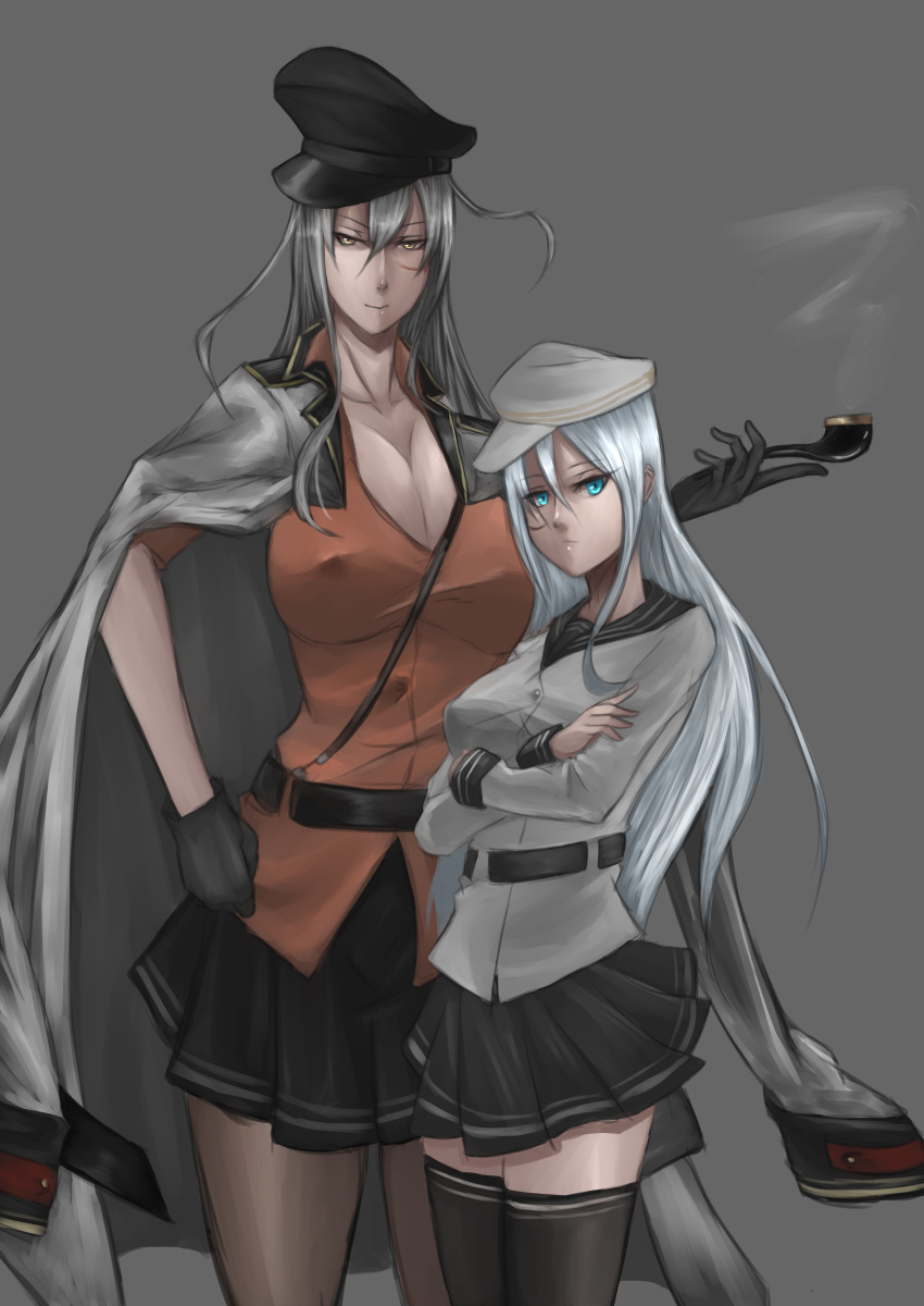 2girls, absurdres, belt, black_skirt, blue_eyes, breasts, cleavage, crossed_arms