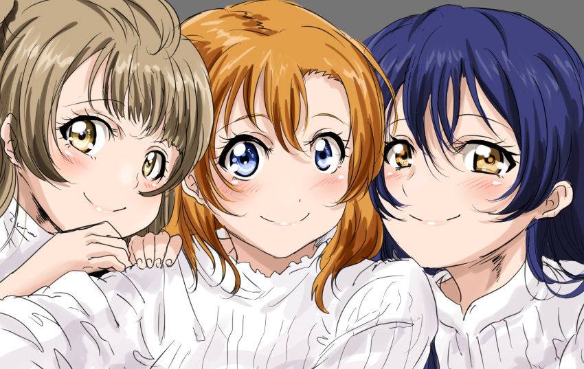 3girls, bangs, blue_eyes, blue_hair, blush, brown_eyes, closed_mouth, commentary_request