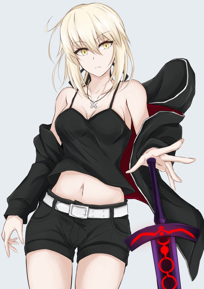 1girl, artoria_pendragon_(all), bare_shoulders, belt, black_shorts, blonde_hair, breasts, cleavage
