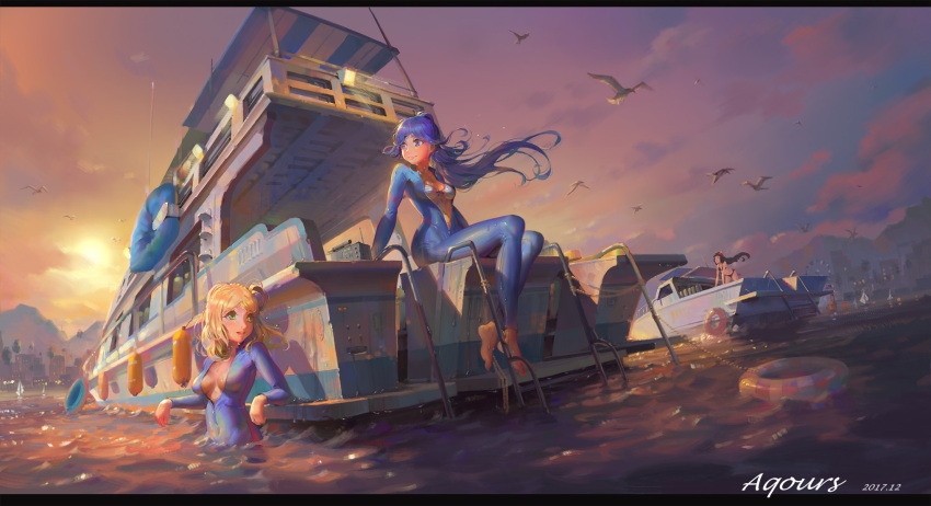 2017, 3girls, barefoot, bikini, bird, black_bikini, blonde_hair, blue_hair