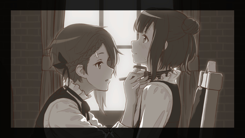 2girls, ange_(princess_principal), beatrice_(princess_principal), blush, braid, chair, curtains, genso