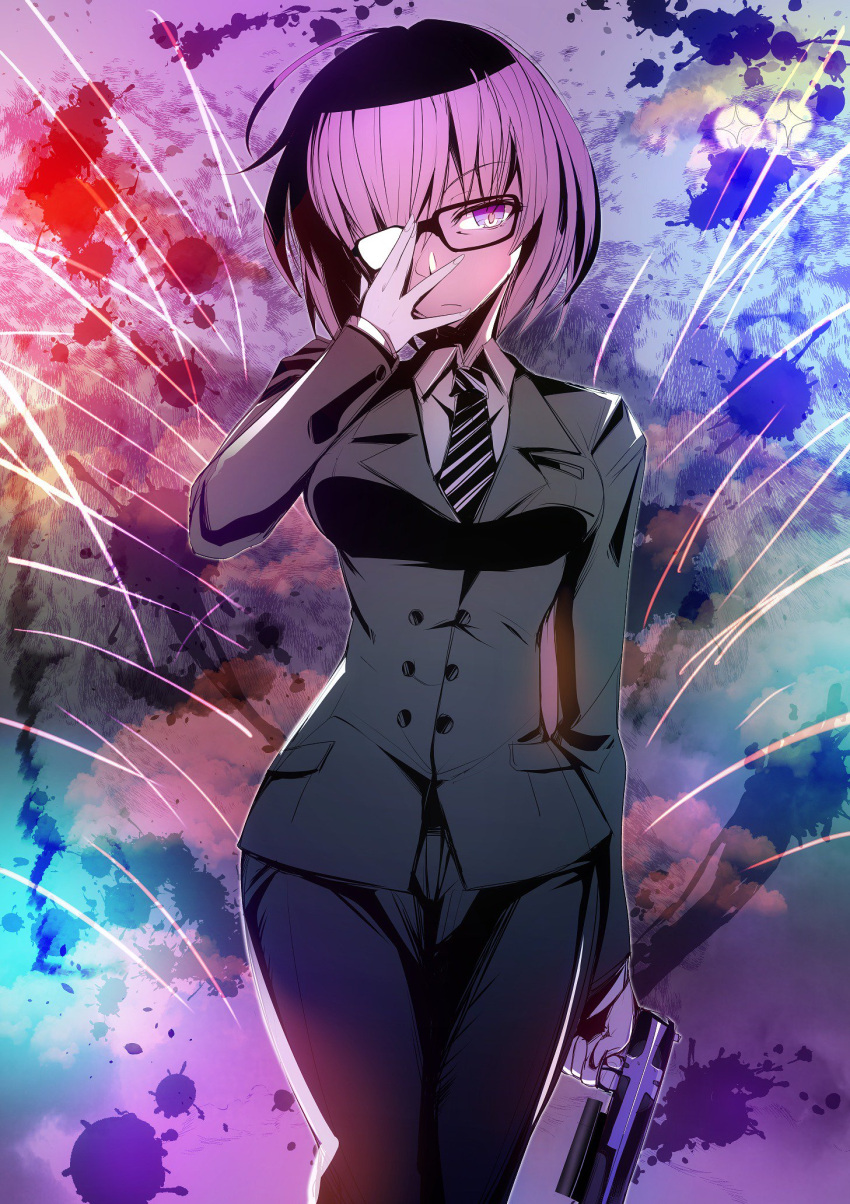 1girl, black_legwear, breasts, fate/grand_order, fate_(series), formal, glasses, gloves