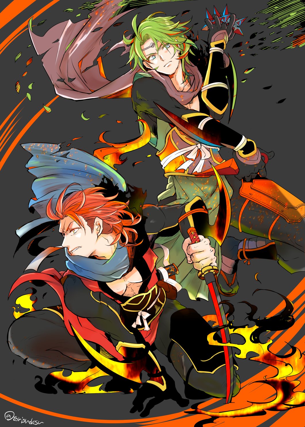 2boys, arm_blade, fire_emblem, fire_emblem_if, gloves, green_hair, highres, holding