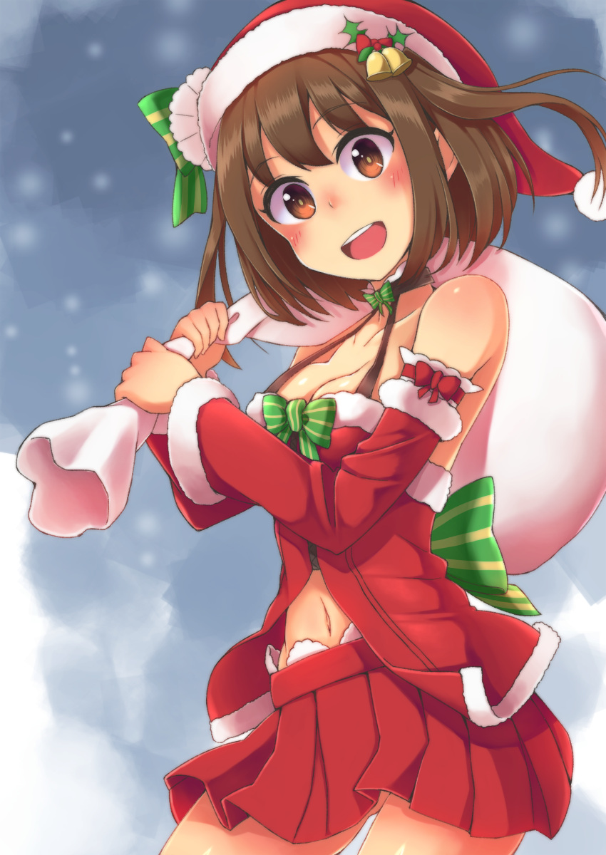 1girl, :d, absurdres, babydoll, bare_shoulders, bell, blush, bow, breasts, brown_eyes, brown_hair, carrying, christmas, cleavage, collarbone, detached_sleeves, eyebrows_visible_through_hair, fur_trim, gift_bag, gluteal_fold, halter_top, halterneck, hat, hat_bow, highres, long_sleeves, looking_at_viewer, medium_breasts, miniskirt, misaki_yuuma, navel, open_mouth, pleated_skirt, red_skirt, sakamiya_hotaru, santa_costume, santa_hat, school_girl_strikers, short_hair, shoulder_carry, skirt, smile, solo, strap_gap, striped, striped_bow, twintails