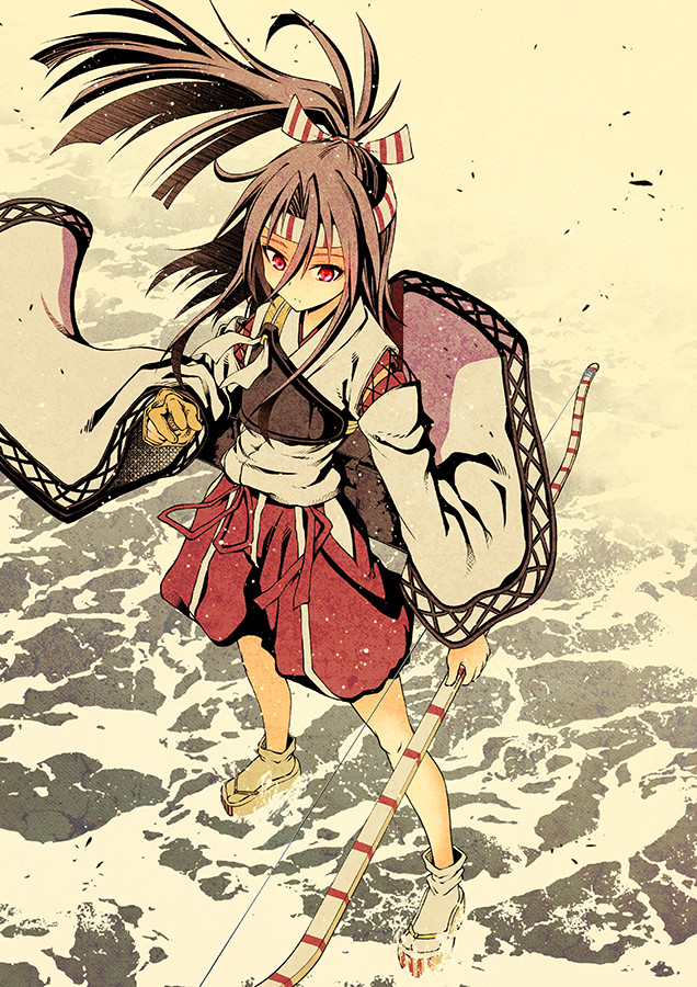 akaneharu_ohkami, bow_(weapon), breastplate, brown_hair, hachimaki, headband, kantai_collection, long_hair