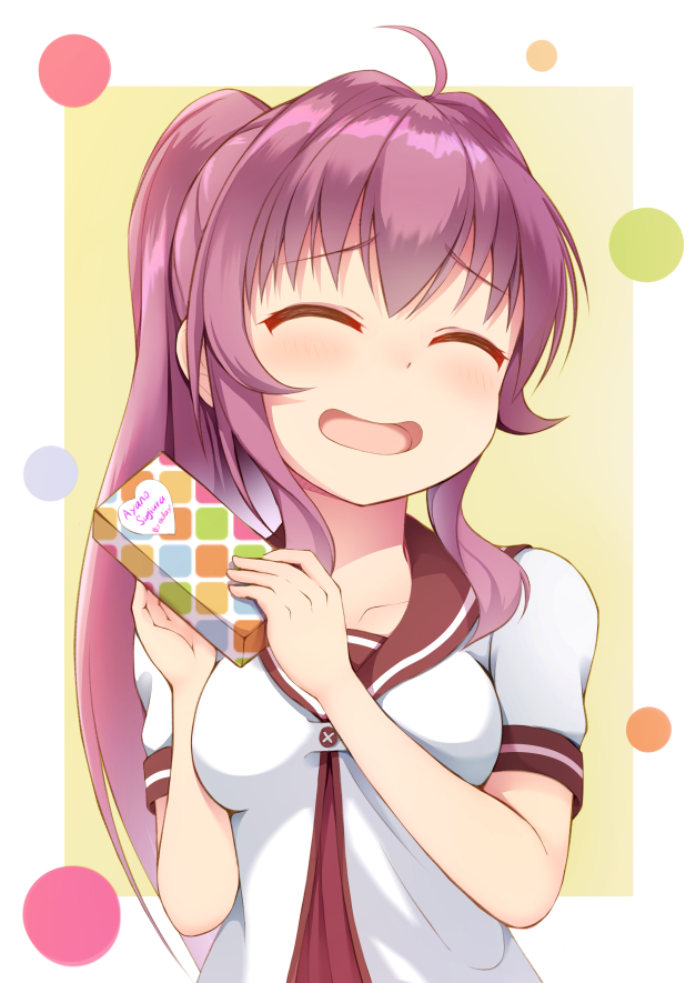 1girl, :d, ^_^, ahoge, birthday, blush, border, box, breasts, character_name, closed_eyes, collarbone, commentary, eyebrows_visible_through_hair, furrowed_eyebrows, gift, gift_box, hair_between_eyes, high_ponytail, holding, ketsujou_nora, long_hair, medium_breasts, nanamori_school_uniform, open_mouth, outside_border, purple_hair, short_sleeves, smile, solo, sugiura_ayano, yellow_background, yuru_yuri