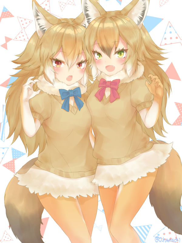 2girls, african_golden_wolf_(kemono_friends), animal_ears, artist_name, blush, bow, bowtie, fang, fur_trim, gloves, golden_jackal_(kemono_friends), green_eyes, jackal_ears, jackal_tail, kemono_friends, long_hair, multicolored_hair, multiple_girls, o_hamachi, open_mouth, orange_hair, red_eyes, simple_background, tail, two-tone_hair, white_background, white_hair, wolf_ears, wolf_tail