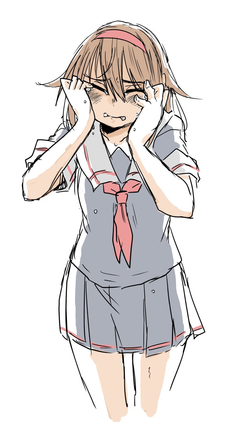 1girl, black_serafuku, black_skirt, blush, boyo_(hellmayuge), breasts, brown_hair, clenched_teeth, collarbone, commentary, cowboy_shot, crying, eyebrows_visible_through_hair, fingernails, hair_between_eyes, hairband, hands_on_own_cheeks, hands_on_own_face, highres, kantai_collection, medium_hair, neckerchief, pleated_skirt, red_hairband, red_neckwear, school_uniform, serafuku, shiratsuyu_(kantai_collection), short_sleeves, simple_background, skirt, solo, sweat, tears, teeth, white_background