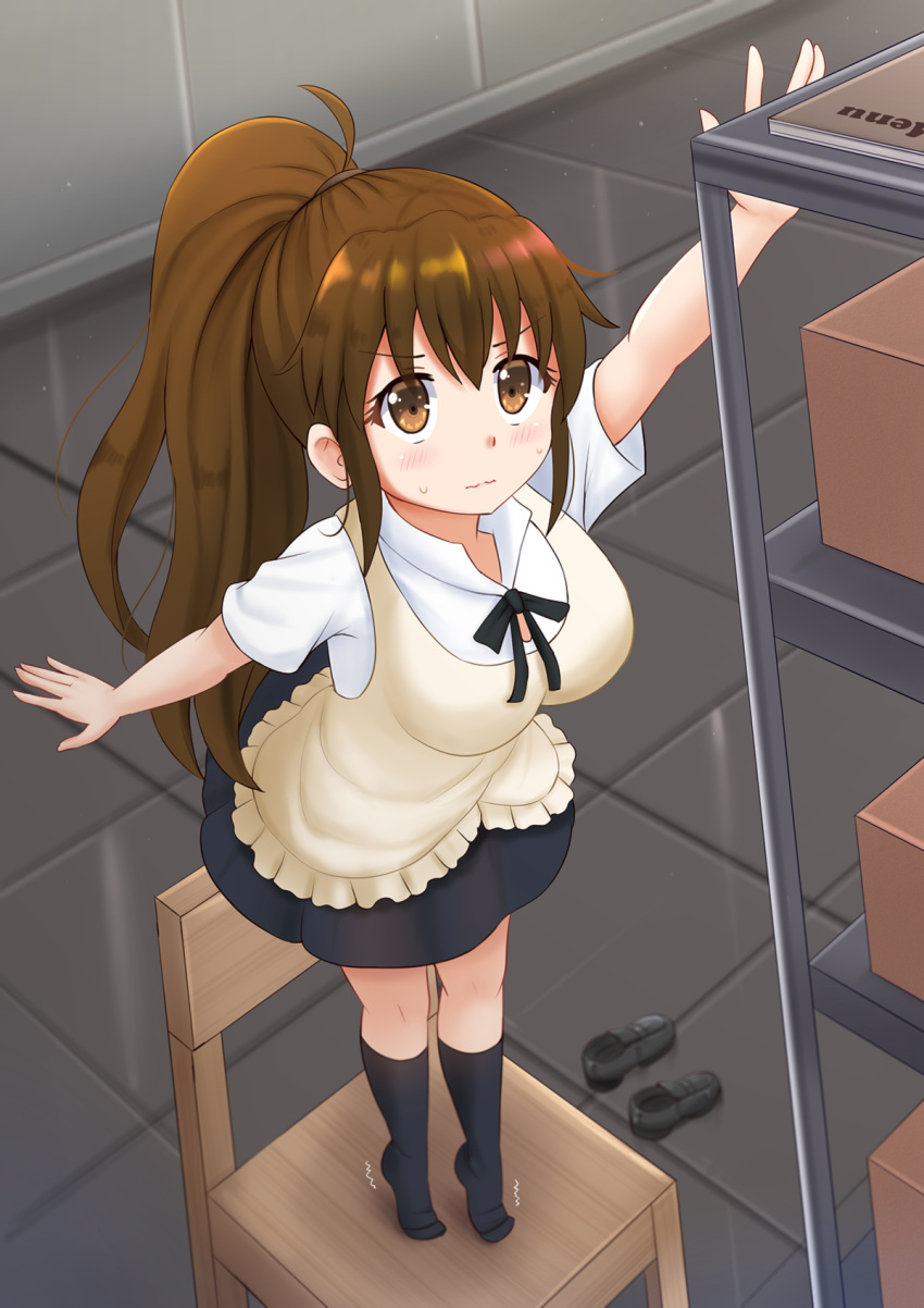 1girl, apron, bangs, black_footwear, black_legwear, black_skirt, blush, box
