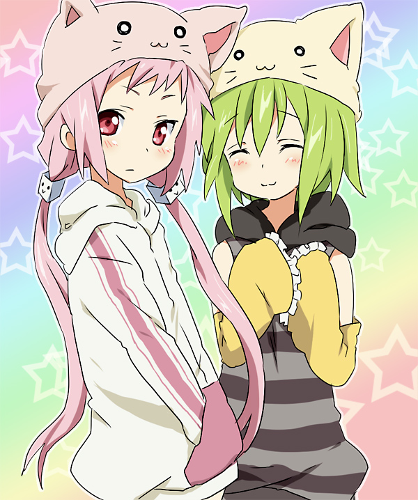 2girls, animal_hat, bad_id, blush, detached_sleeves, green_hair, hat, kl-chan