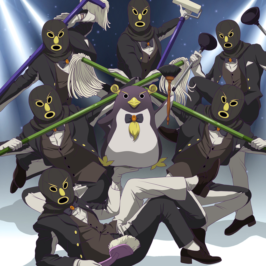 (o)_(o), 6+boys, bird, black_footwear, black_jacket, black_pants, blue_neckwear, bow, bowtie, brown_vest, butler, eclair_ecleir_eicler, gloves, hand_up, holding, jacket, k-ta, long_sleeves, looking_at_viewer, mask, mop, multiple_boys, overlord_(maruyama), pants, penguin, shirt, shoes, sitting, standing, vest, white_gloves, white_shirt