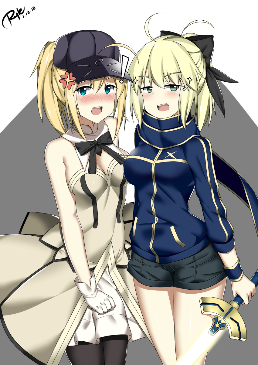 !, 2girls, absurdres, ahoge, anger_vein, artoria_pendragon_(all), bare_shoulders, baseball_cap
