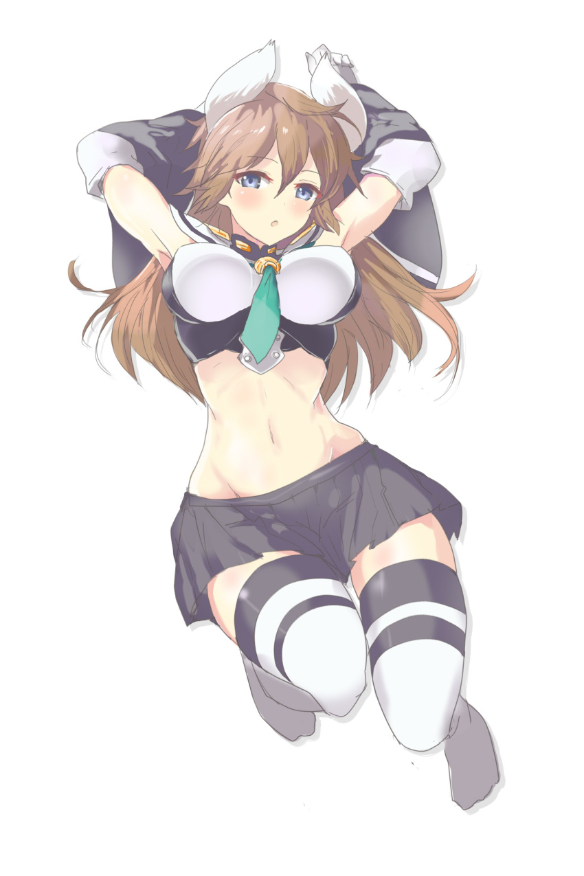 1girl, animal_ears, armpits, azur_lane, blue_eyes, blush, breasts, brown_hair