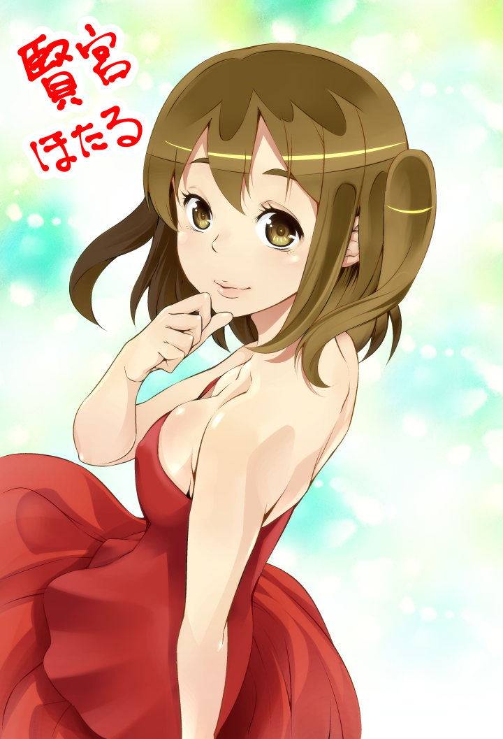 1girl, back, bare_shoulders, breasts, brown_eyes, brown_hair, cleavage, dress