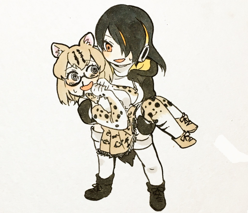 2girls, blood, bow, carrying, commentary_request, emperor_penguin_(kemono_friends), eyebrows_visible_through_hair, glasses