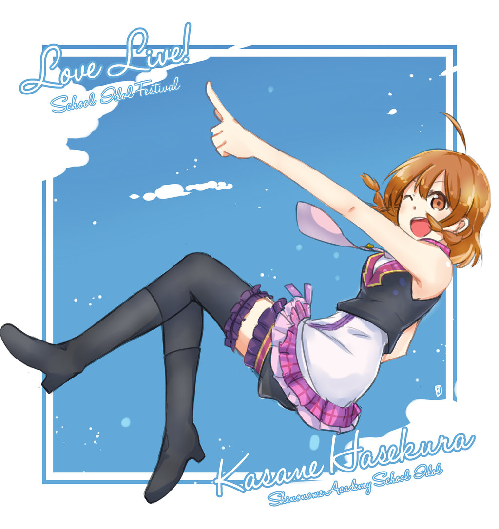 1girl, ;d, ahoge, bangs, black_footwear, black_legwear, boots, braid, brown_eyes, brown_hair, character_name, copyright_name, frilled_skirt, frills, full_body, garters, hasekura_kasane, looking_at_viewer, love_live!, love_live!_school_idol_festival, necktie, one_eye_closed, open_mouth, pointing, skirt, sleeveless, smile, solo, thigh-highs, van_springfield, vest