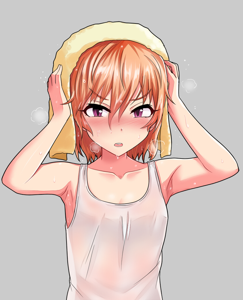 1girl, alternate_hairstyle, armpits, arms_up, bangs, bare_arms, bare_shoulders, blush