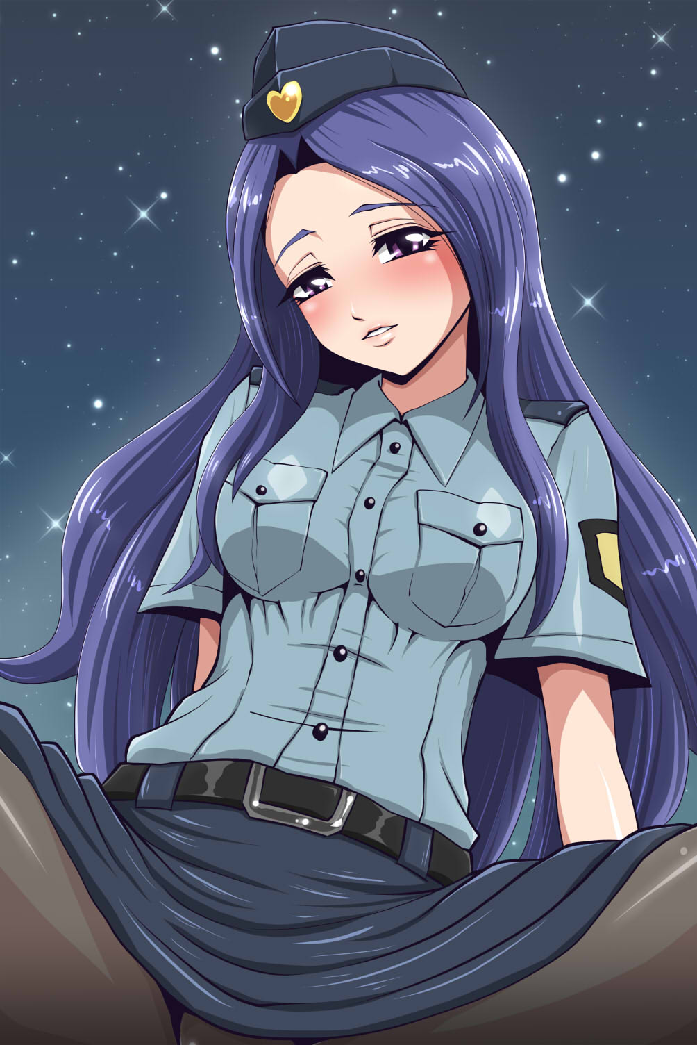 1girl, belt, black_legwear, blue_hair, blush, breasts, female_service_cap, hat