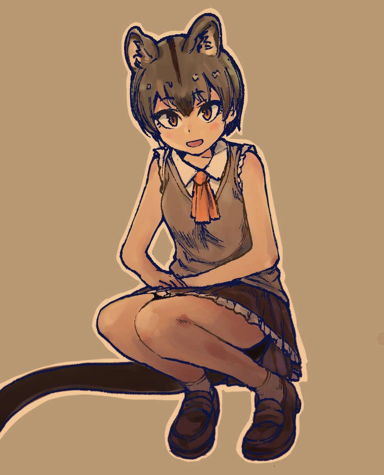 bare_legs, bare_shoulders, eyebrows_visible_through_hair, fossa_(kemono_friends), fossa_ears, fossa_tail, hands_on_lap, kemono_friends, loafers, neckerchief, ouka_(yama), shoes, skirt, squatting, tail, vest
