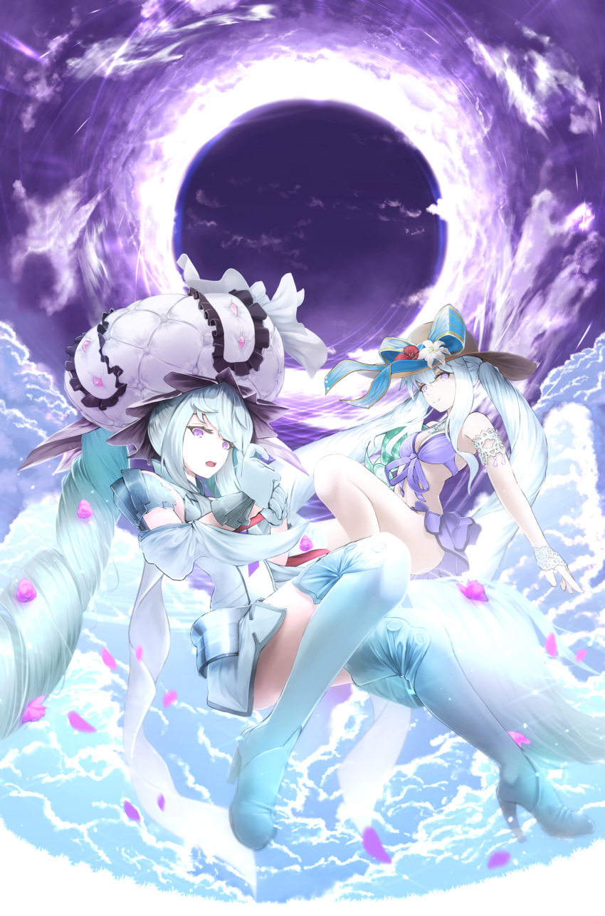 2girls, absurdly_long_hair, absurdres, bikini, blue_footwear, blue_hair, blue_ribbon, boots
