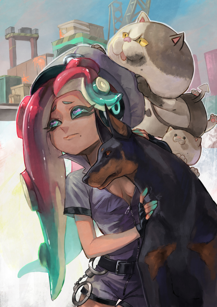 1girl, alternate_costume, belt, cat, cephalopod_eyes, closed_mouth, collared_shirt, crane, cuffs, dark_skin, day, doberman, dog, green_eyes, green_hair, green_skin, grey_shirt, grey_shorts, hand_on_another's_head, handcuffs, hat, headphones, high_collar, highres, iida_(splatoon), jajji-kun_(splatoon), kojajji-kun_(splatoon), lips, long_hair, looking_afar, mole, mole_under_mouth, multicolored, multicolored_skin, octarian, outdoors, paint_splatter, partially_unzipped, petting, pink_hair, purple_pupils, red_eyes, shirt, short_sleeves, shorts, sizu, splatoon, splatoon_2, suction_cups, tentacle_hair, upper_body, yellow_eyes, zipper, zipper_pull_tab