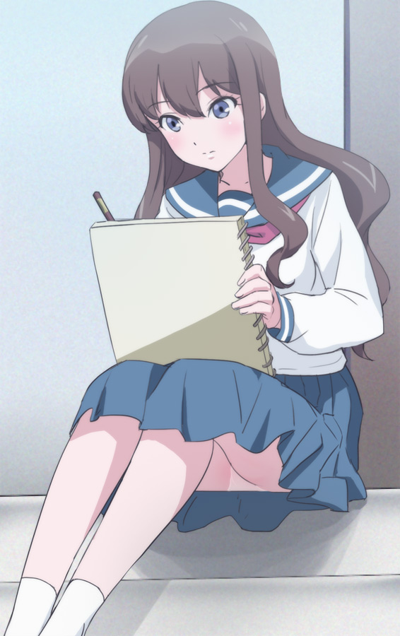 1girl, blue_eyes, blue_skirt, brown_hair, haruyama_kazunori, iwasaki_shiho, long_hair, long_sleeves