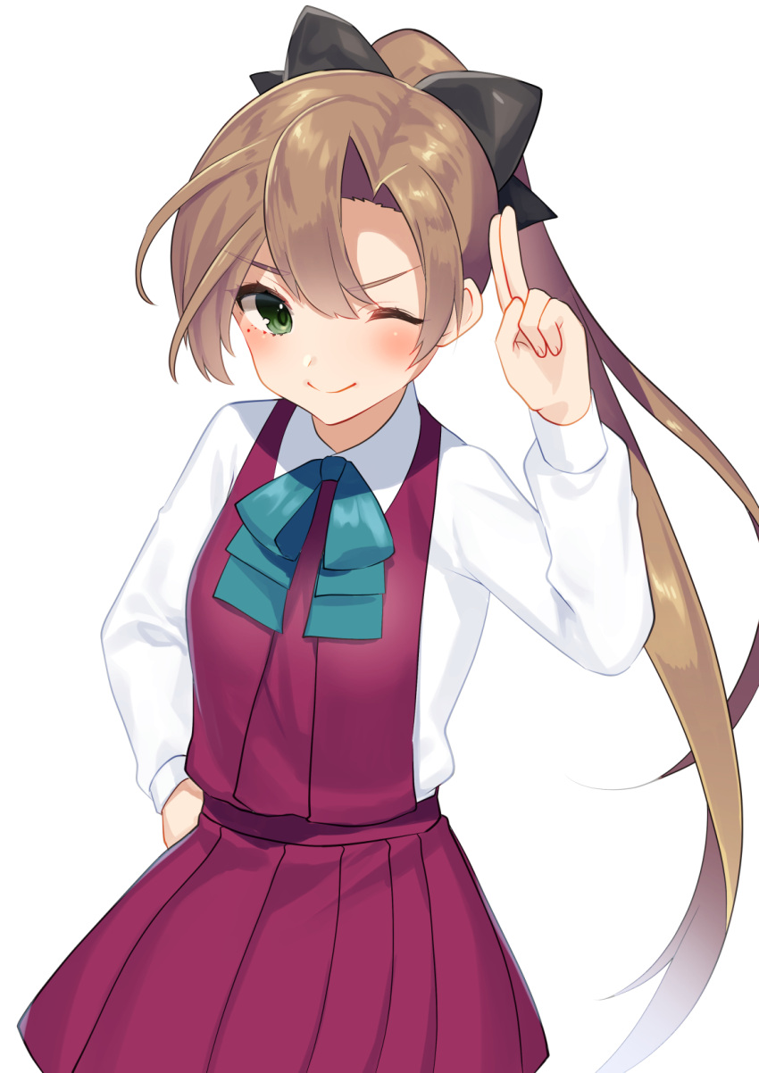 1girl, akigumo_(kantai_collection), black_ribbon, brown_hair, dress_shirt, green_eyes, green_neckwear, hair_ribbon