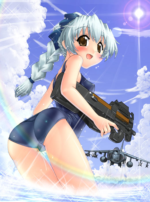1girl, ass, blush, bow, braid, breasts, brown_eyes, bullpup, flat_chest, full_metal_panic, full_metal_panic!, gun, hair_ornament, harrier, harrier_jump_jet, hase_yu, lens_flare, long_hair, military, one-piece_swimsuit, p90, ribbon, school_swimsuit, silver_hair, single_braid, smile, solo, submachine_gun, swimsuit, teletha_testarossa, thigh_gap, trigger_discipline, wading, weapon