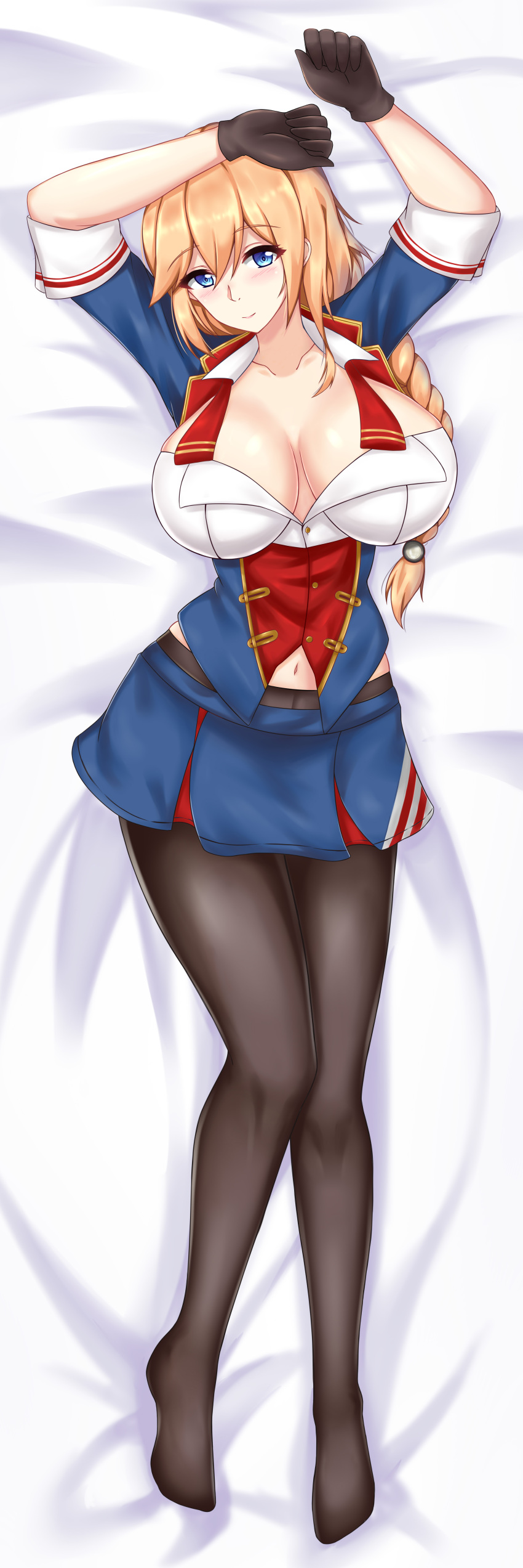 1girl, absurdres, bangs, bed_sheet, blonde_hair, blue_eyes, blush, breasts