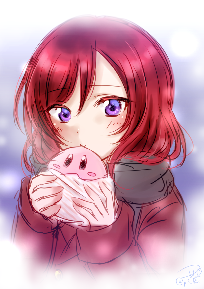 1girl, :t, bangs, black_scarf, blurry, blurry_background, blush, blush_stickers, closed_mouth, coat, eating, eyebrows_visible_through_hair, food, holding, holding_food, kirby, kirby_(series), long_sleeves, looking_at_viewer, love_live!, love_live!_school_idol_project, nishikino_maki, purple_background, red_coat, redhead, ric_(fwpbox), scarf, shiny, shiny_hair, short_hair, signature, sketch, solo, swept_bangs, upper_body, violet_eyes, wrapper