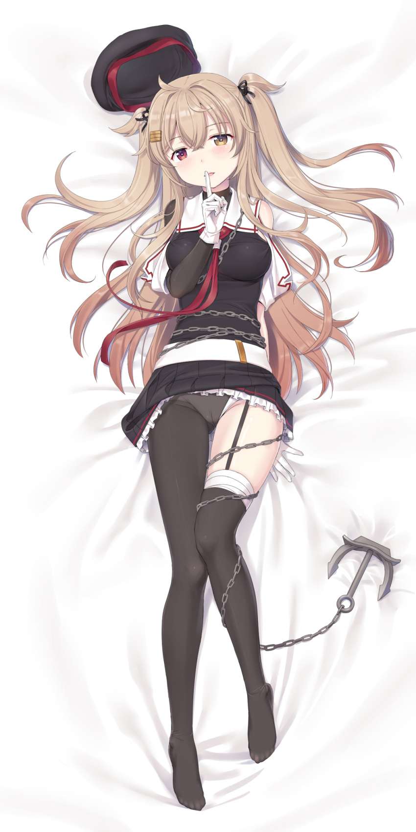 1girl, absurdres, ahoge, anchor, asymmetrical_clothes, asymmetrical_legwear, bandage, bandaged_leg, bangs, bed_sheet, behind_back, belt, beret, black_hat, black_legwear, black_ribbon, black_serafuku, black_skirt, blush, breasts, brown_eyes, brown_hair, chain_around_leg, chain_around_waist, cnm, crossed_bangs, crotch_seam, eyebrows_visible_through_hair, finger_to_mouth, gloves, gradient_hair, hair_between_eyes, hair_ornament, hair_ribbon, hat, hat_removed, head_tilt, headwear_removed, heart, heart-shaped_pupils, heterochromia, highres, index_finger_raised, kantai_collection, light_brown_hair, long_hair, looking_at_viewer, lying, multicolored_hair, murasame_(kantai_collection), necktie, no_shoes, on_back, open_mouth, panties, pantyhose, pantyshot, pantyshot_(lying), pleated_skirt, red_eyes, red_neckwear, remodel_(kantai_collection), ribbon, school_uniform, serafuku, shoulder_cutout, shushing, sidelocks, skirt, smile, solo, symbol-shaped_pupils, thigh-highs, twintails, two_side_up, underwear, white_belt, white_gloves, white_panties