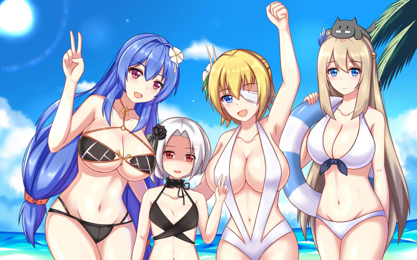 4girls, animal, animal_on_head, arm_up, armpits, bikini, black_bikini, black_choker