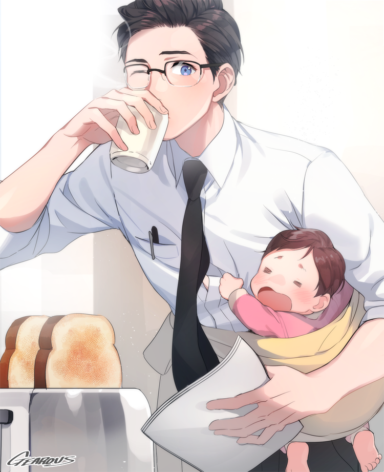 1boy, 1girl, artist_name, baby, bent_over, black_hair, black_neckwear, blue_eyes, brown_hair, commentary, crying, cup, drinking, father_and_daughter, food, gearous, infant, mug, necktie, one_eye_closed, original, steam, toast, toaster