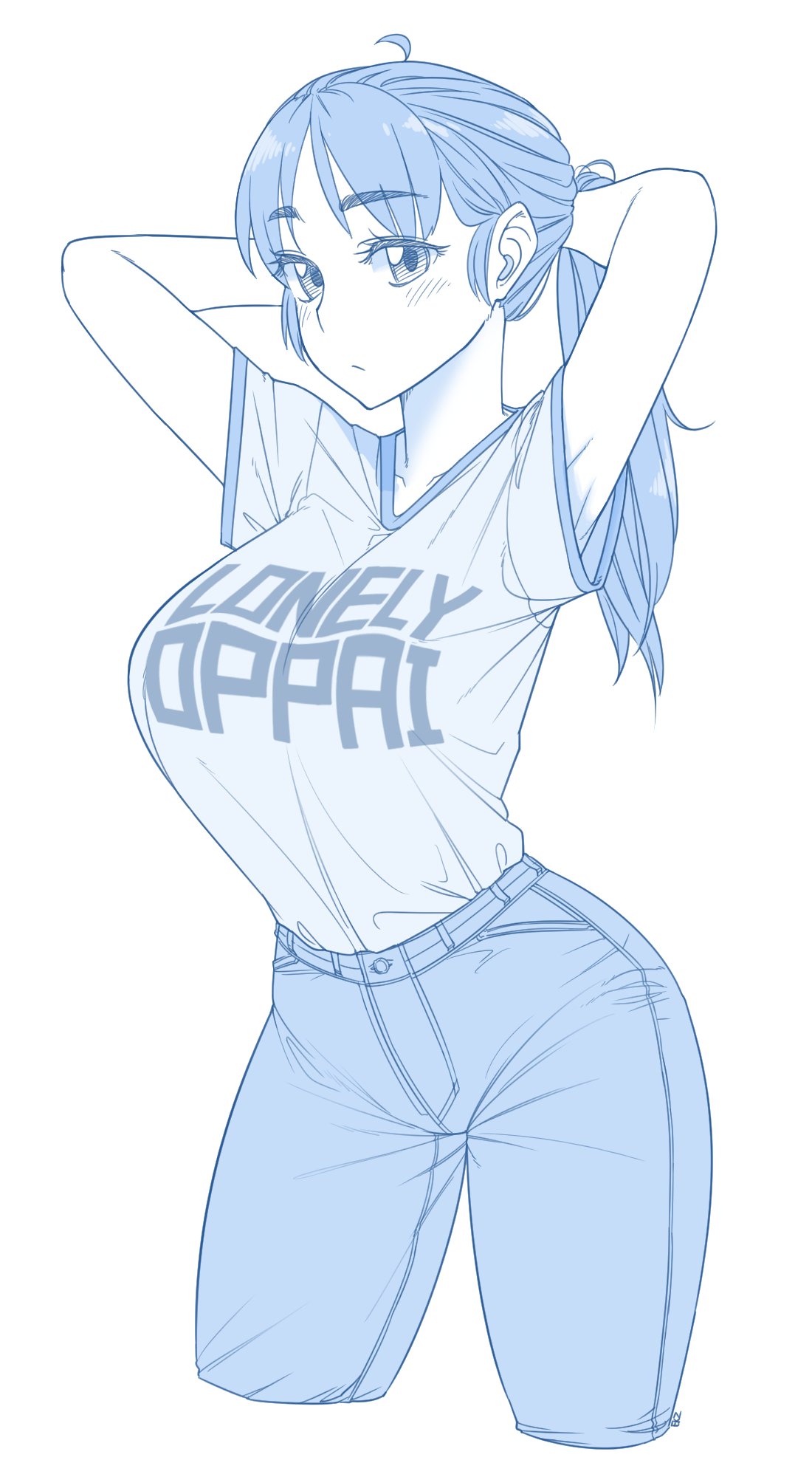 1girl, ahoge, arms_behind_back, arms_up, artist_name, bangs, blue, blush