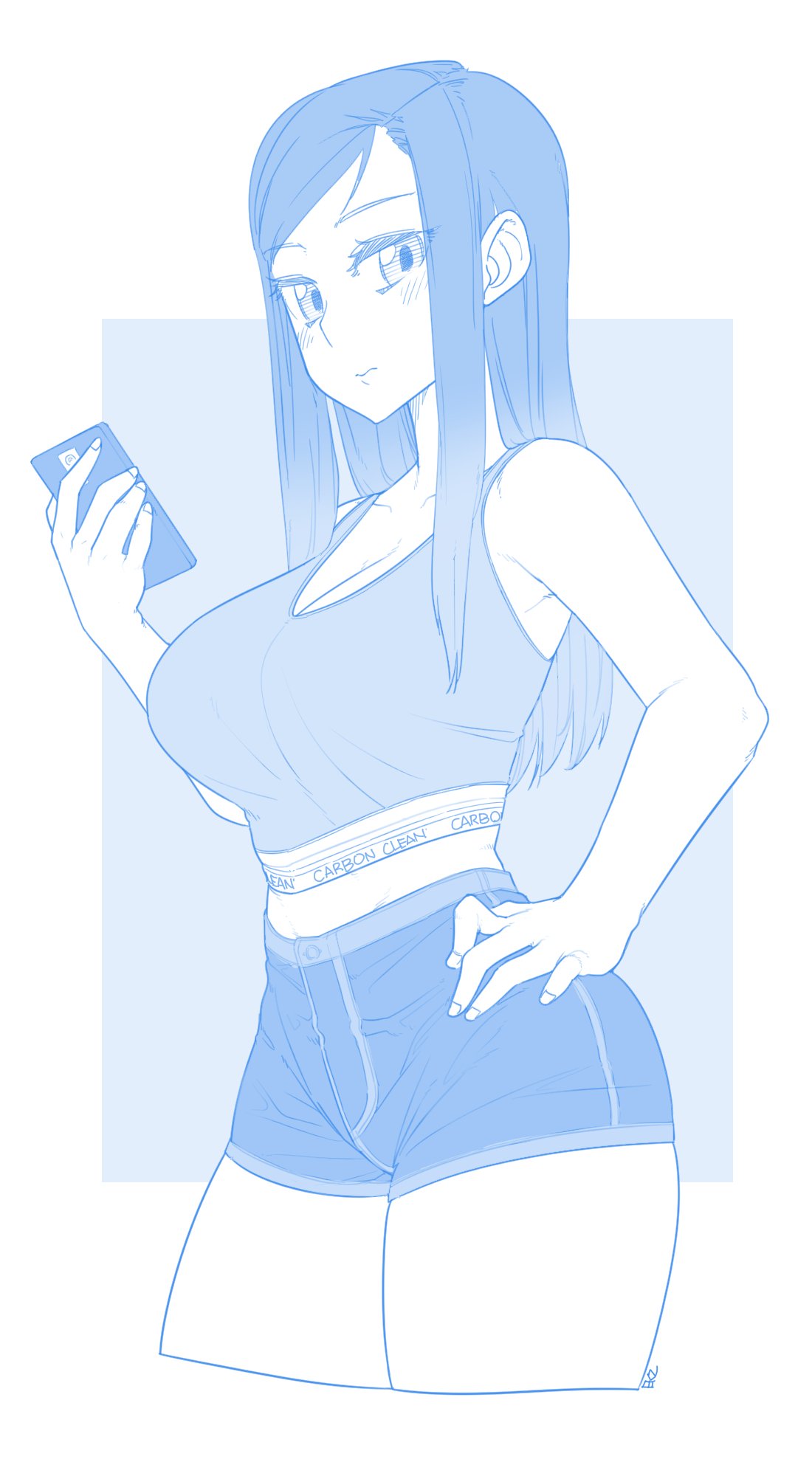 1girl, armpits, artist_name, bangs, bare_arms, bare_shoulders, blue, blue_background