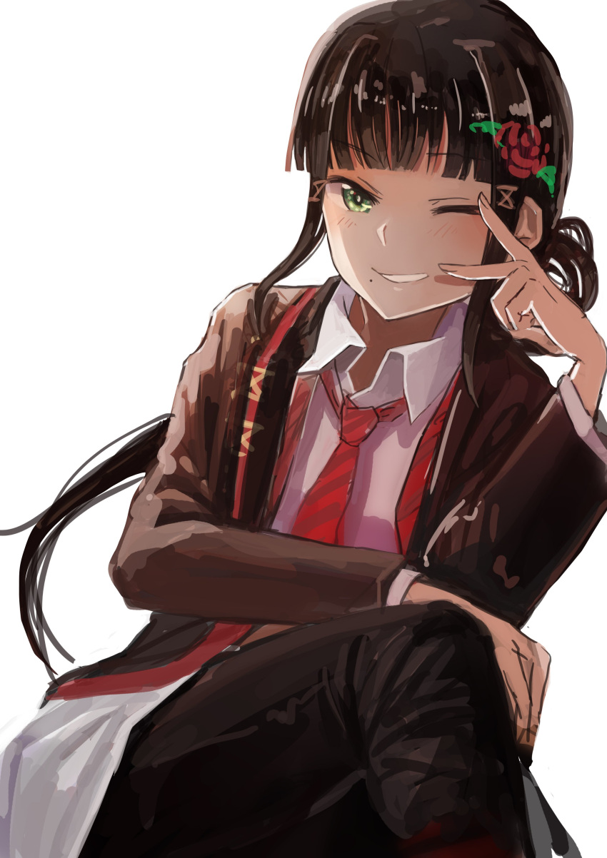 1girl, absurdres, alternate_hairstyle, bangs, black_hair, blunt_bangs, collared_shirt, cosplay, cowboy_shot, flower, green_eyes, grin, guilty_kiss_(love_live!), hair_flower, hair_ornament, highres, jacket, kawaoka_(tsuchinokome), kowareyasuki, kurosawa_dia, long_hair, long_sleeves, looking_at_viewer, love_live!, love_live!_sunshine!!, mole, mole_under_mouth, necktie, one_eye_closed, red_neckwear, shirt, sidelocks, sitting, smile, solo, striped_neckwear, tsushima_yoshiko, tsushima_yoshiko_(cosplay), v_over_eye, white_background