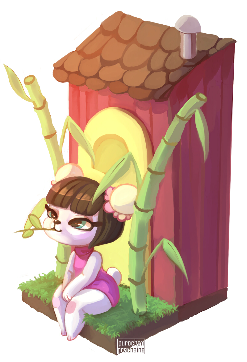 animal, artist_name, bamboo, black_hair, double_bun, doubutsu_no_mori, furry, grass