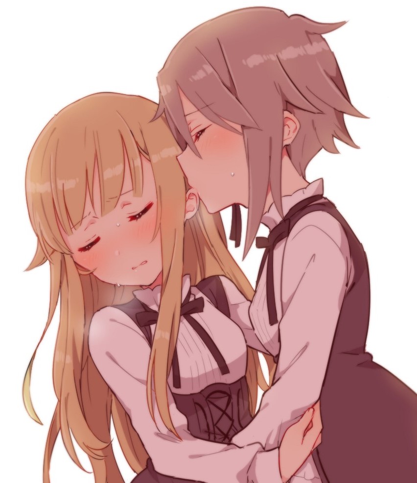 2girls, ange_(princess_principal), bangs, black_dress, blonde_hair, blush, breasts, closed_eyes