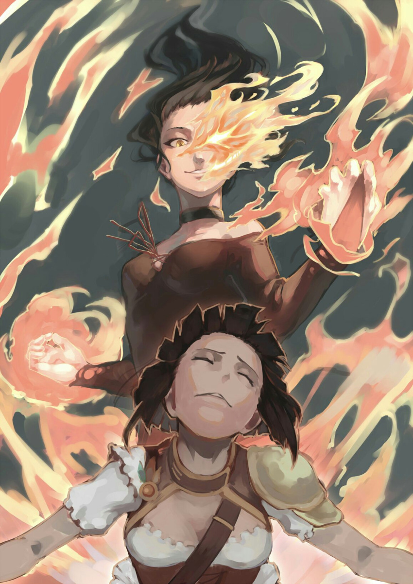 2girls, amber_(rwby), black_hair, brown_hair, cinder_fall, closed_eyes, fire, highres, magic, multiple_girls, rwby, tobihira