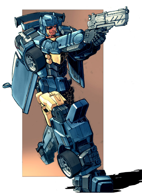 1boy, autobot, blitz-wing, blue_eyes, full_body, gun, handgun, holding, holding_gun, holding_weapon, nightbeat, no_humans, orange_eyes, smile, solo, standing, transformers, weapon
