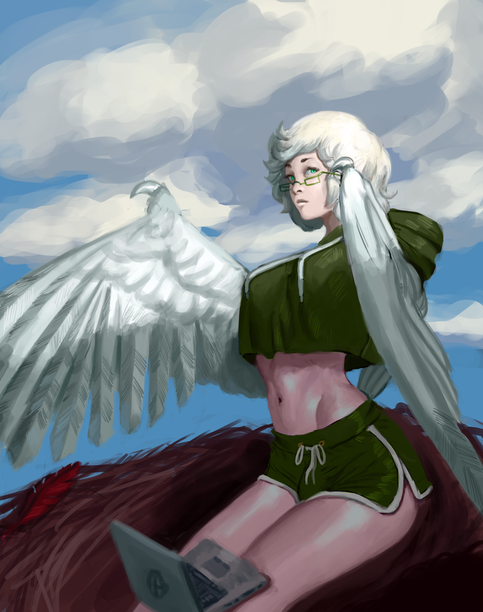 1girl, aqua_eyes, breasts, bulge, claws, clouds, computer, feathered_wings, feathers, glasses, harpy, highres, hood, hoodie, laptop, midriff, monster_girl, navel, nest, original, rhydwyn, sitting, sky, solo, white_feathers, white_hair, winged_arms, wings
