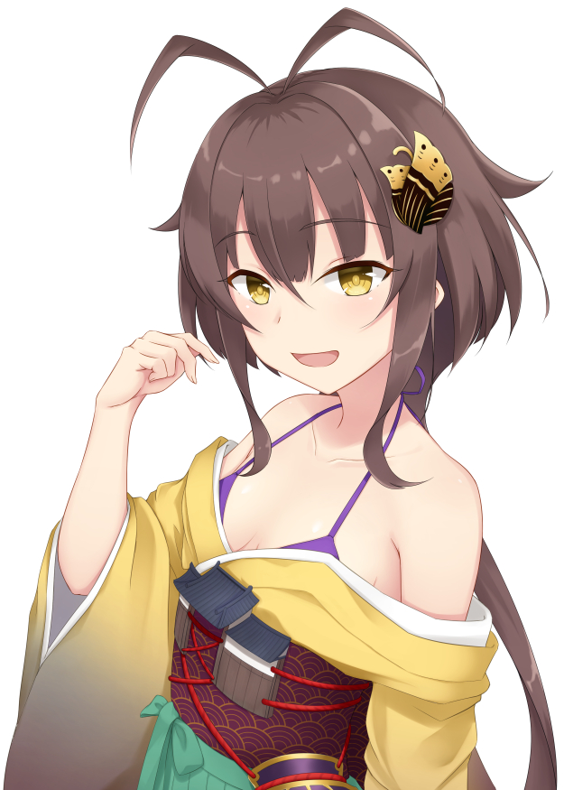 1girl, :d, antenna_hair, bra, breasts, brown_hair, cleavage, edoshiyakata_(oshiro_project)