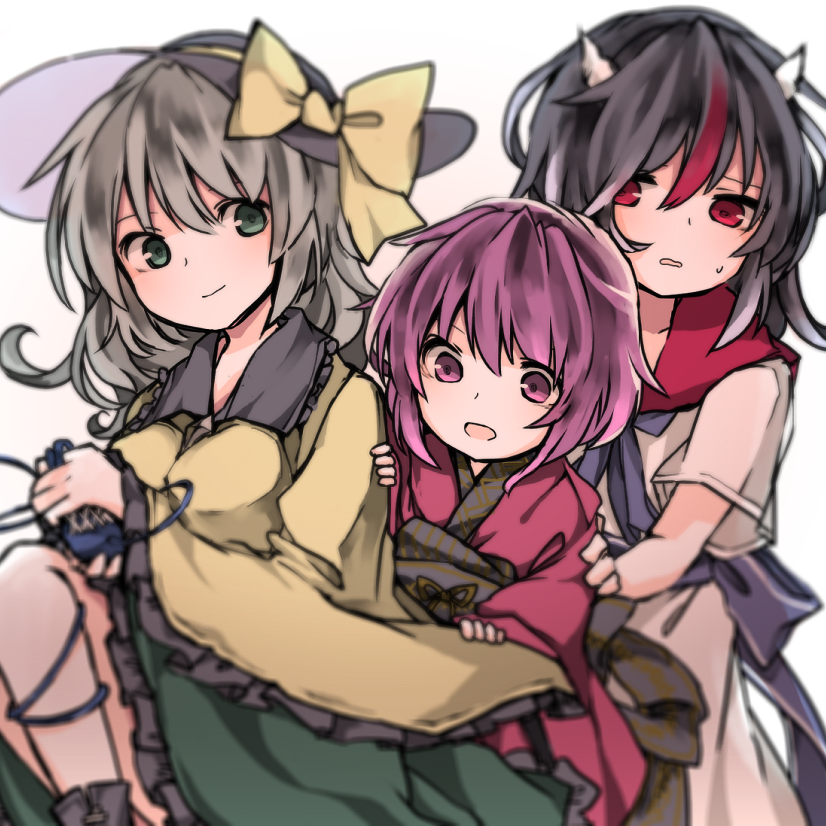 3girls, black_hair, commentary_request, green_eyes, green_hair, grey_hair, hat, headwear_removed
