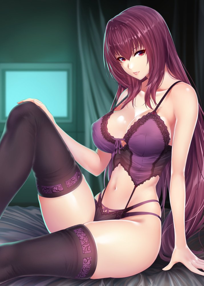 1girl, bangs, black_legwear, black_panties, breasts, cleavage, collarbone, curtains