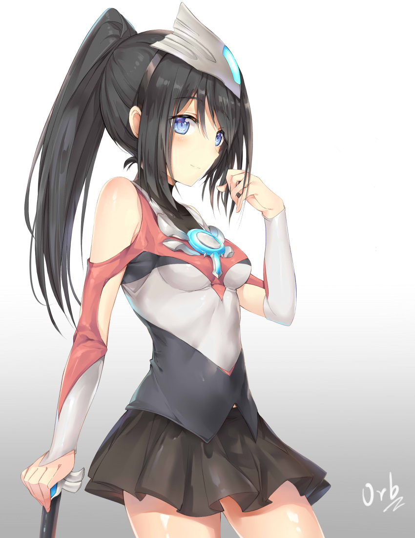 1girl, absurdres, bangs, bare_shoulders, black_hair, black_skirt, blue_eyes, blush