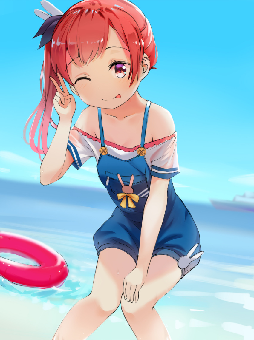 1girl, ;p, azur_lane, bailey_(azur_lane), bare_shoulders, beach, blush, boat