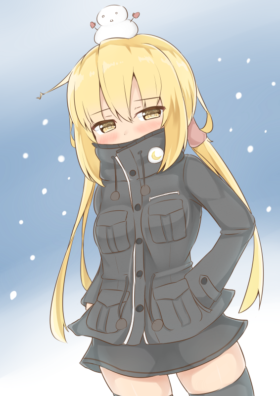 1girl, black_legwear, black_serafuku, blonde_hair, blush, breasts, crescent, crescent_moon_pin